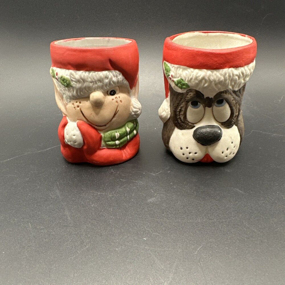 2 Vintage 1980 Sweet Keepers Bisque By Jasco Elf, Dog, Christmas